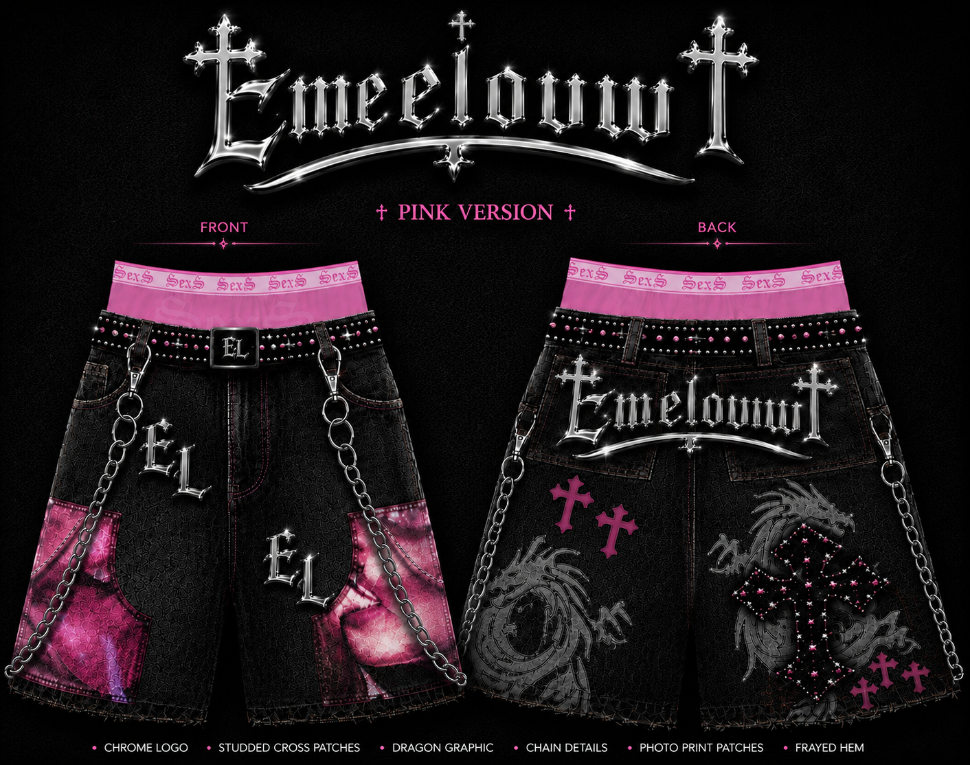 Emeloww EL Dragon Cross Denim Shorts