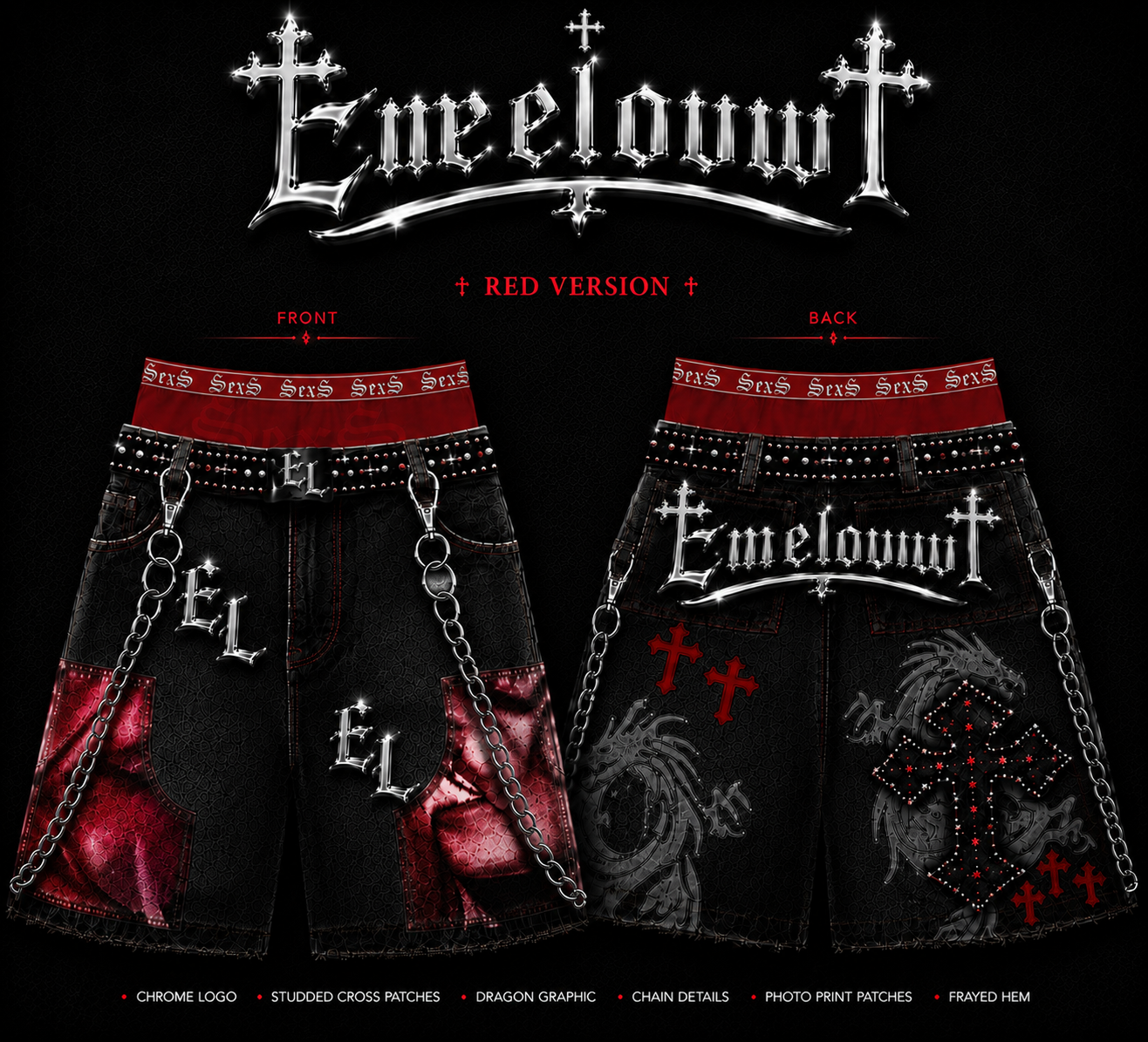 Emeloww EL Dragon Cross Denim Shorts