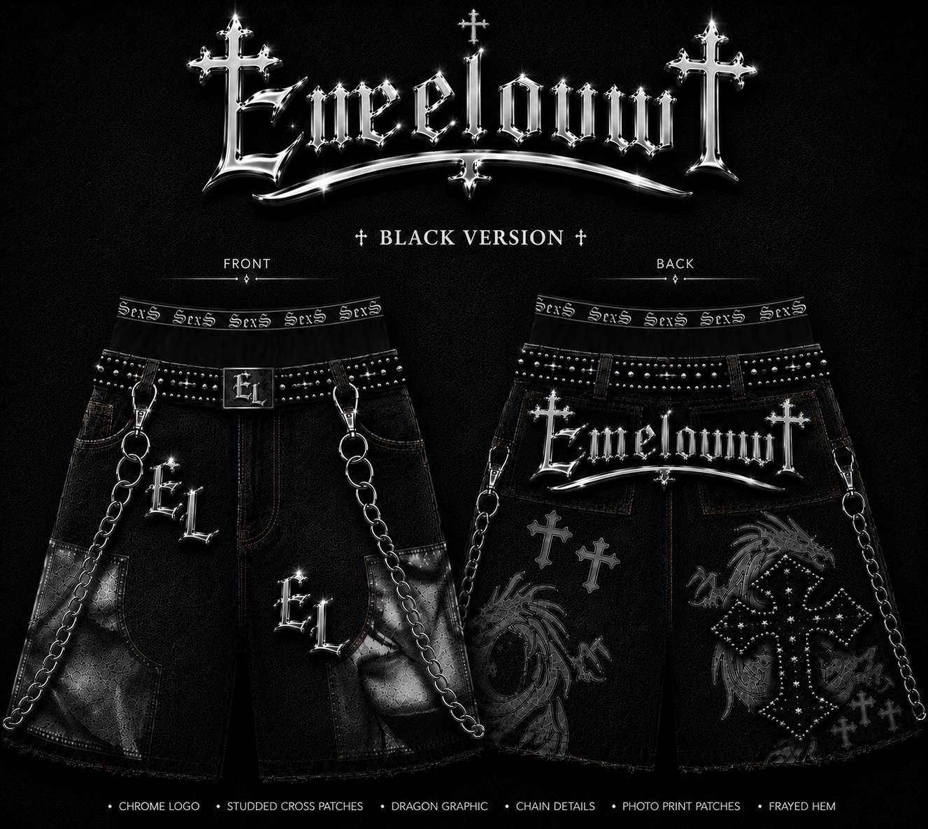 Emeloww EL Dragon Cross Denim Shorts