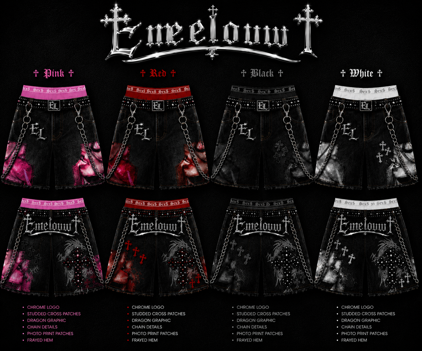Emeloww EL Dragon Cross Denim Shorts