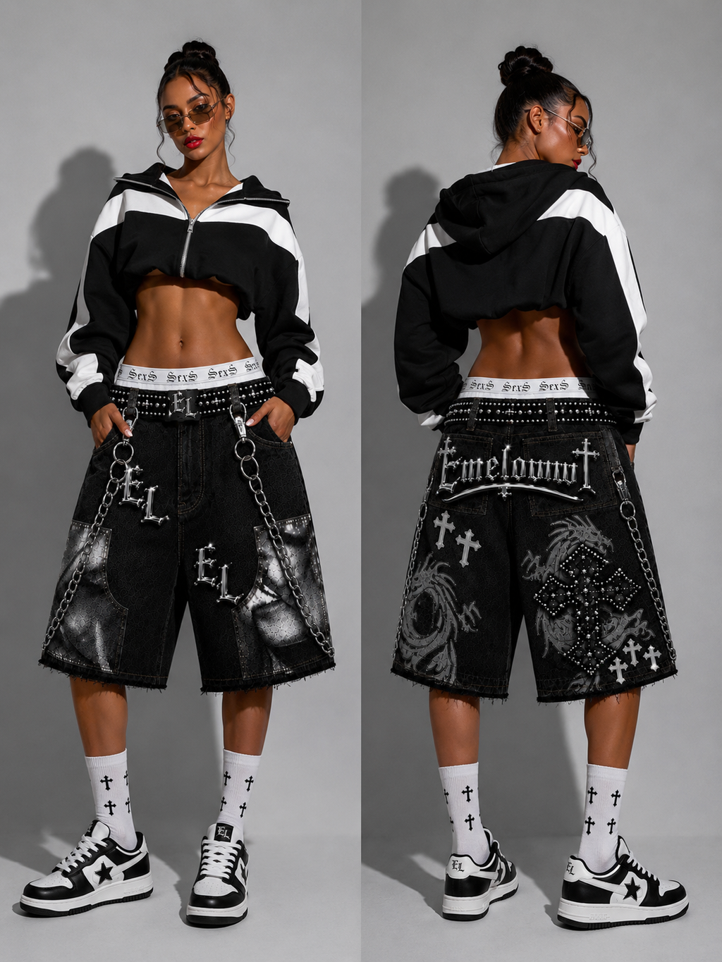 Emeloww EL Dragon Cross Denim Shorts