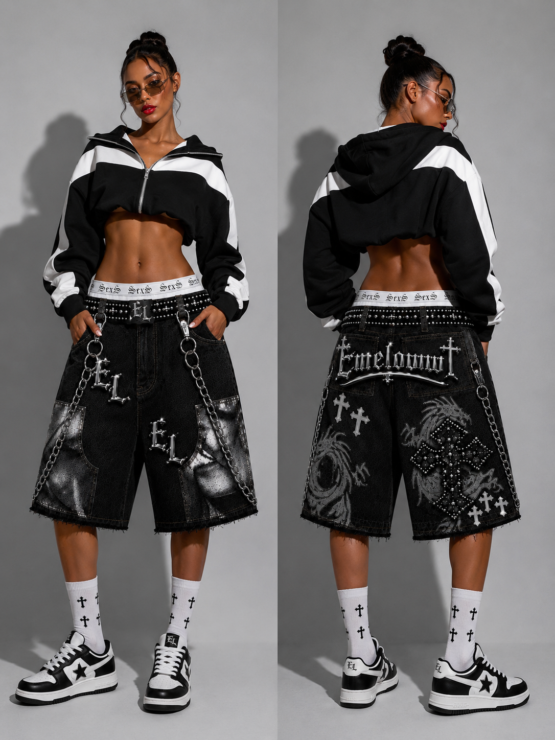 Emeloww EL Dragon Cross Denim Shorts