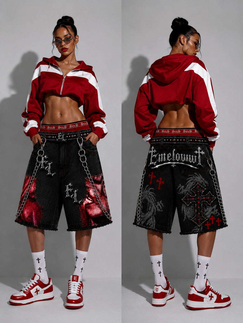 Emeloww EL Dragon Cross Denim Shorts