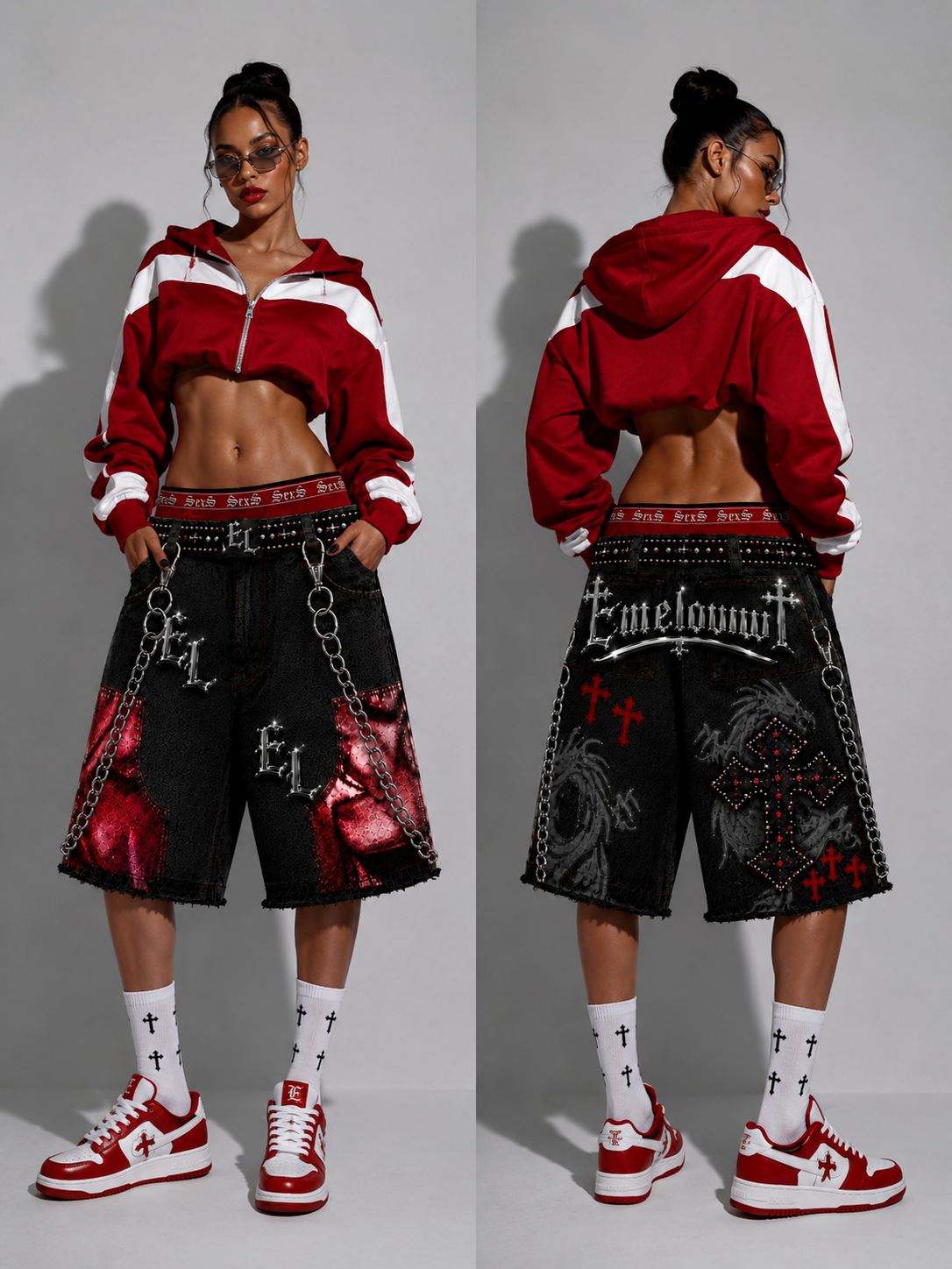 Emeloww EL Dragon Cross Denim Shorts