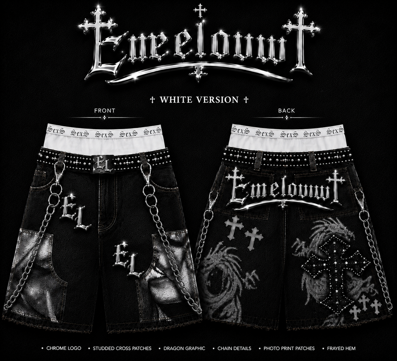 Emeloww EL Dragon Cross Denim Shorts