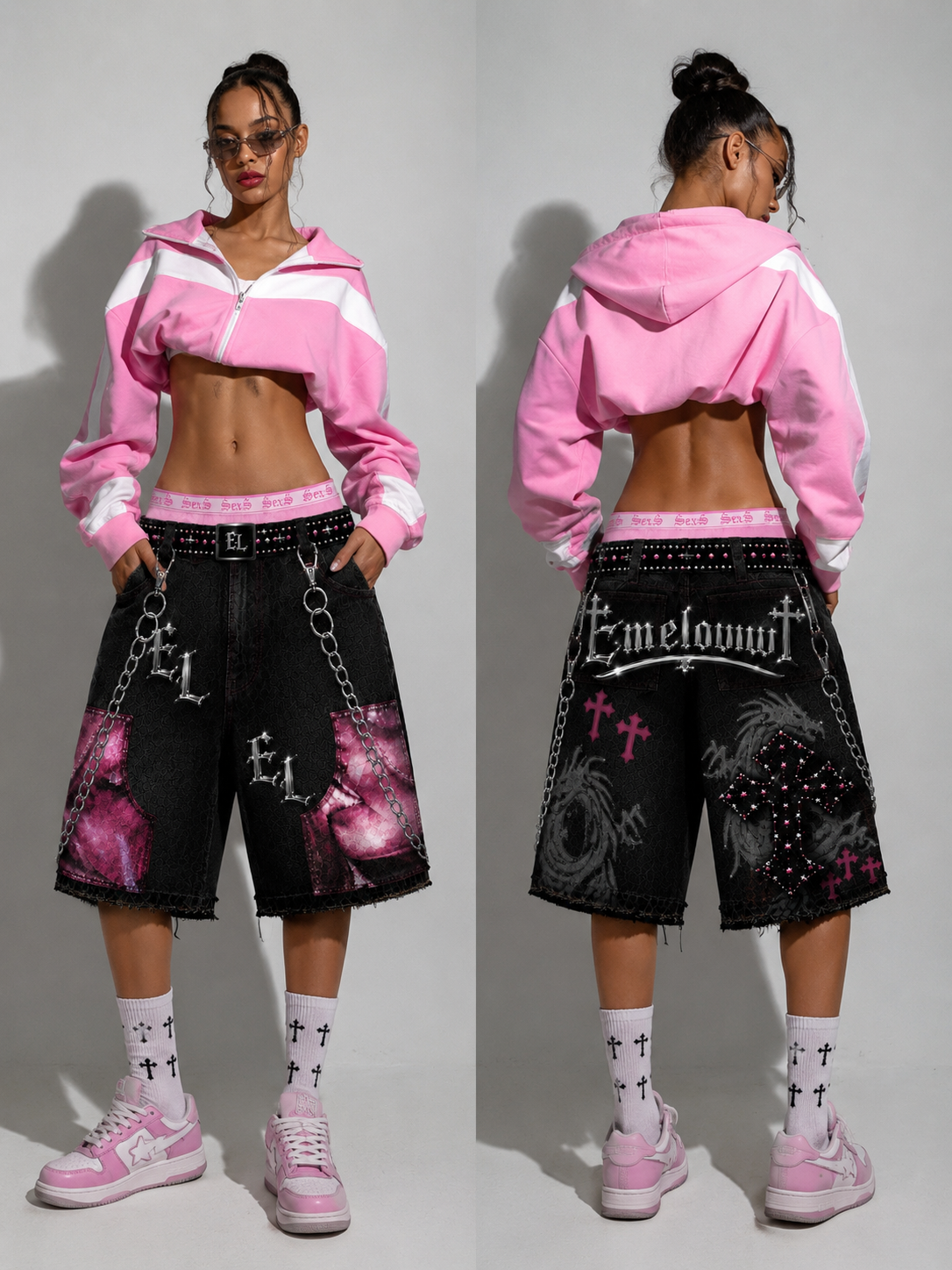 Emeloww EL Dragon Cross Denim Shorts