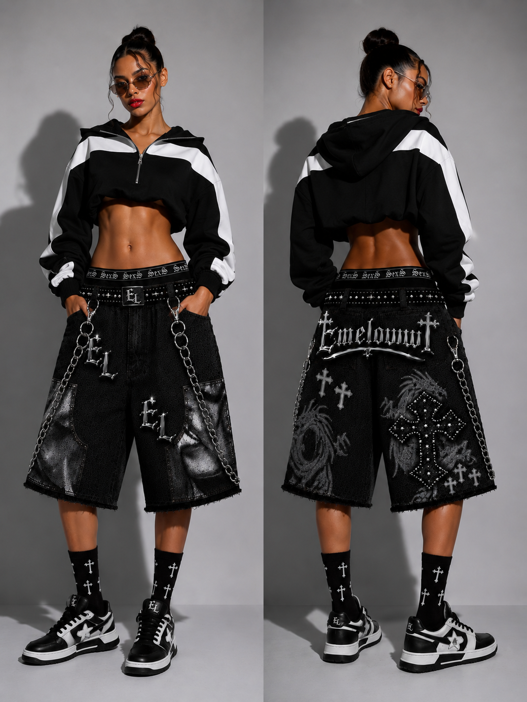 Emeloww EL Dragon Cross Denim Shorts